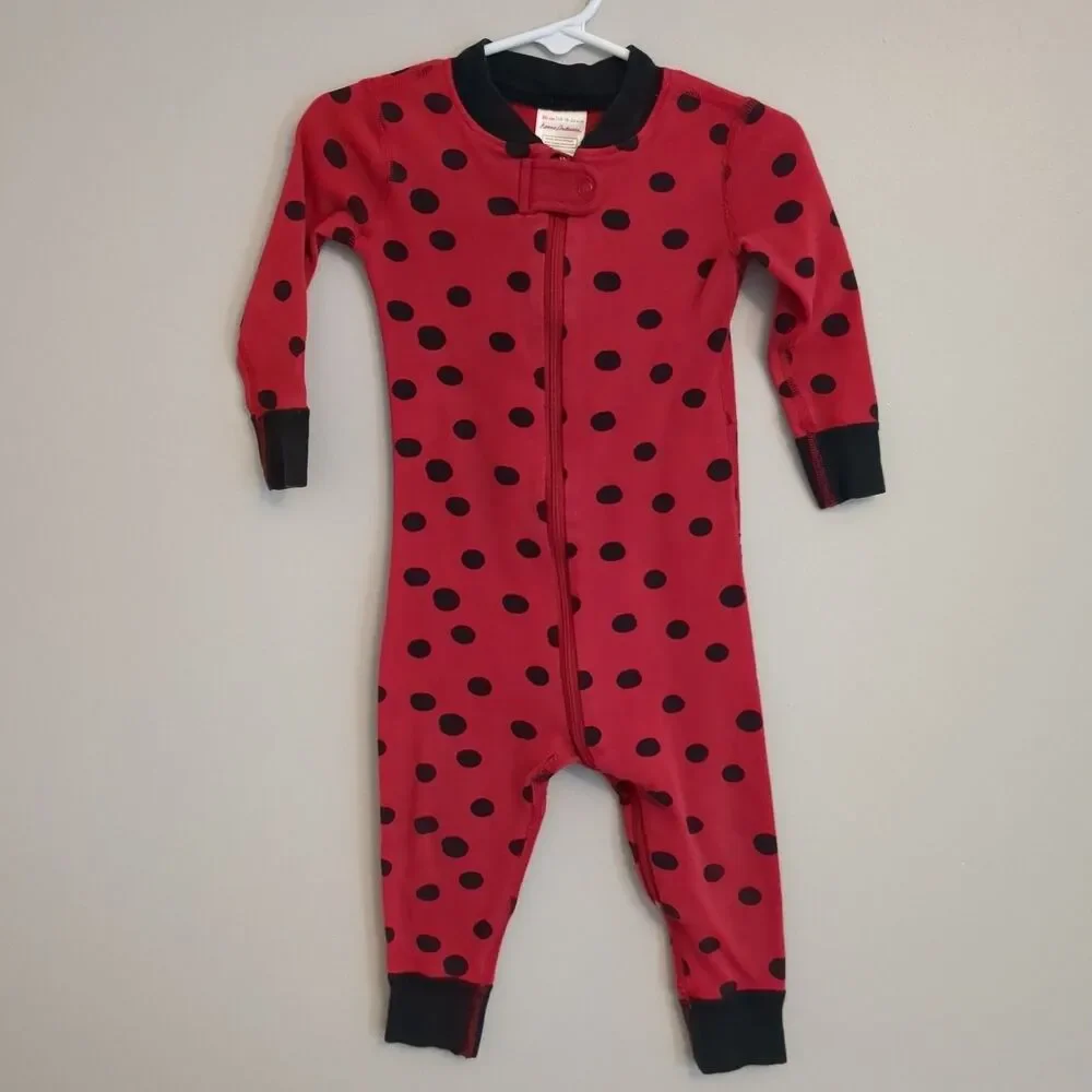 Hanna Andersson Black Red Polka Dot Ladybug Pajamas Sleeper Girls 80 18-24 Mons